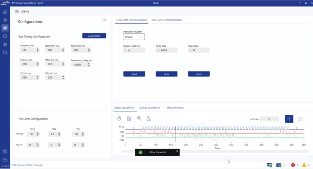 Peek and Poke GUI for interactive debug of the JTAG interface. This helps to exercise and debug the JTAG communication manually. User can configure any
allowed timing/voltage parameters to debug the transactions. 