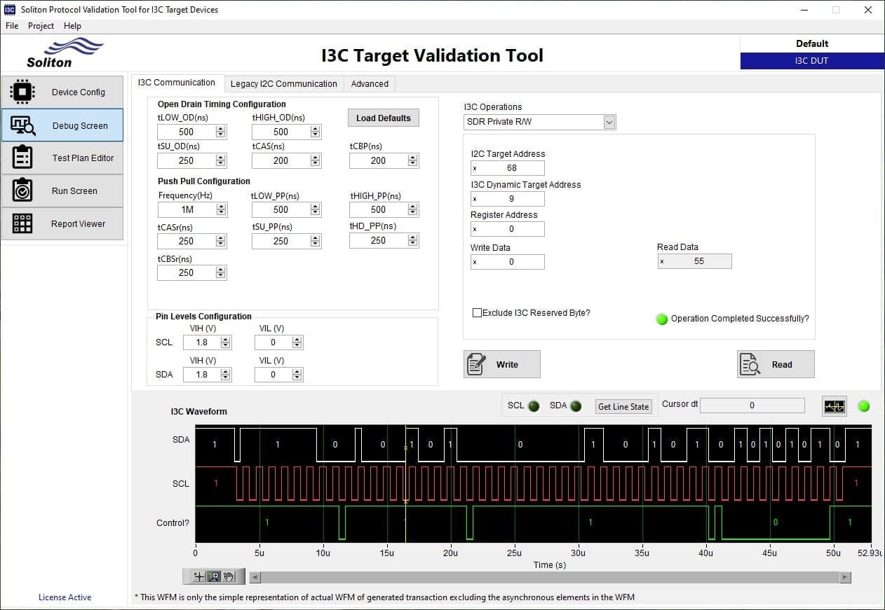 Peek and Poke GUI for interactive debug of the I3C interface. This helps to exercise and debug the I3C communication manually. User can configure any allowed timing/voltage parameters to debug the transactions. 