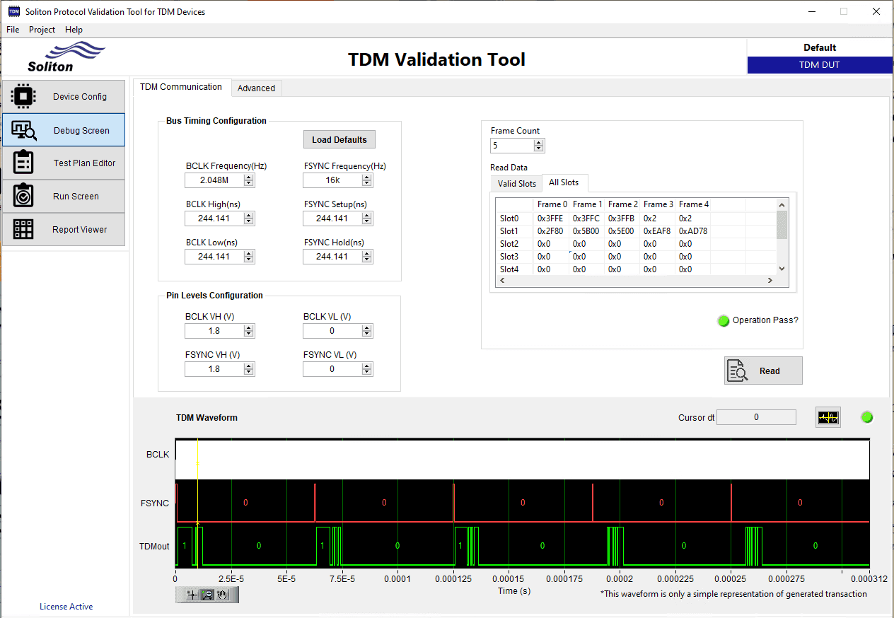 Peek and Poke GUI for interactive debug of the TDM & I2S interface. This helps to exercising and debugging the TDM & I2S communication manually. User can configure any allowed timing/voltage parameters to debug the transactions.